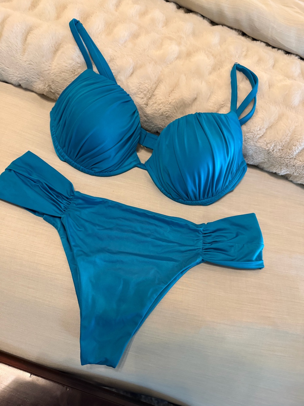 Calzedonia Push Up Top & Draped Brazilian Bottom in Blue Shiny Satin